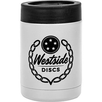 White Westside Discs stainless steel can keeper with a black top rim and black Westside Discs chain logo.