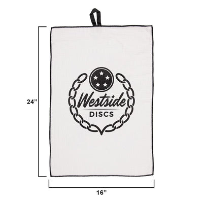 Rectangular white Westside Discs waffle weave towel with a black chain border logo and a black hanging loop.
