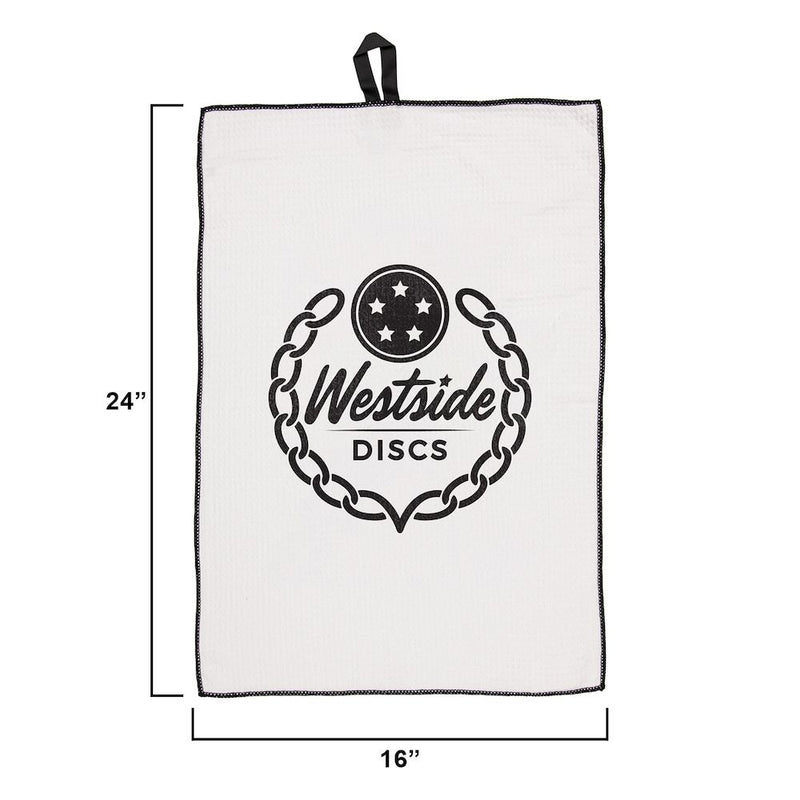 Rectangular white Westside Discs waffle weave towel with a black chain border logo and a black hanging loop.