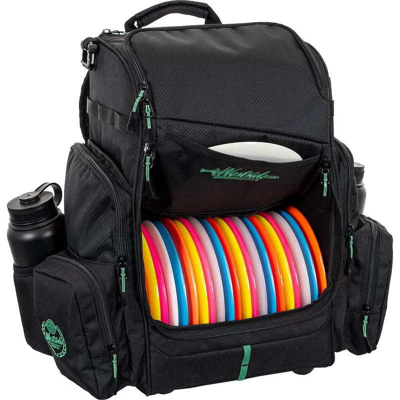 Black Westside Noble backpack disc golf bag with colorful discs, multiple pockets, and green zippers.