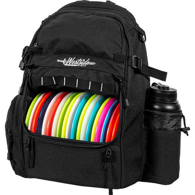 Black Westside Refuge Pack disc golf bag showcasing colorful discs in the main compartment and a water bottle pocket.