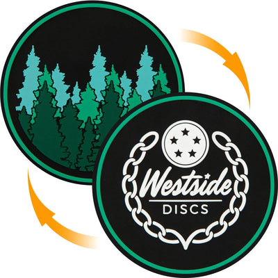 Round reversible Westside flexible mini marker with green pine trees on one side and a white chain logo on the other.