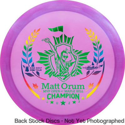 Pink Westside VIP X Chameleon Glimmer Stag disc golf driver with a green "Matty O" champion graphic and rainbow foil accents.