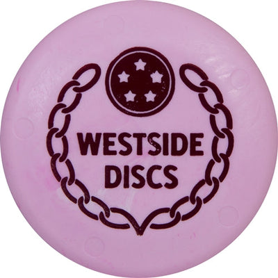 Pink Westside Zing Pico Mini Disc Can Topper with a dark red graphic featuring Westside Discs text and a chain link design.