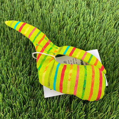 Colorful Whale Sac grip bag with vibrant red, orange, and blue vertical stripes on a lime green base.