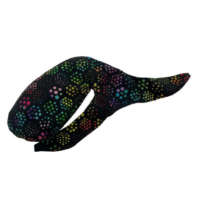 Whale Sacs brand grip bag in the shape of a whale, featuring groovy rainbow dots on a black fabric.