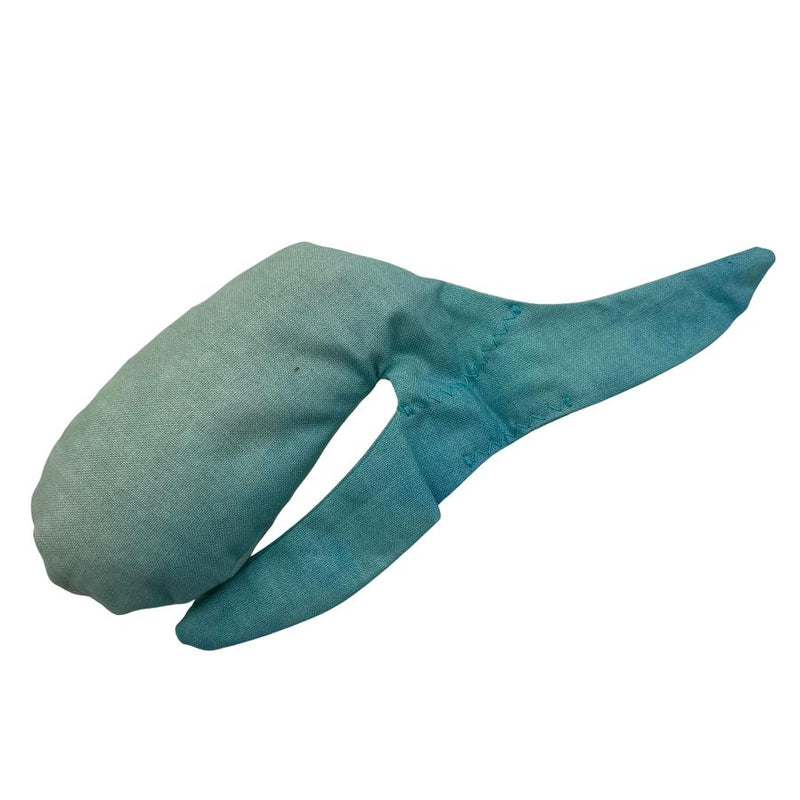 Whale Sacs grip bag in pale ocean hues, presenting a whale shape with light blue fabric and visible stitching.