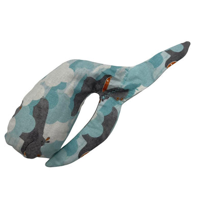 Happy Hippo Clouds Whale Sac grip bag in light blue, dark grey, and white cloud patterns with brown hippo accents.