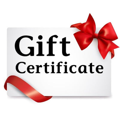White gift certificate with bold black text reading "gift certificate" and decorated with a shiny red ribbon and bow.