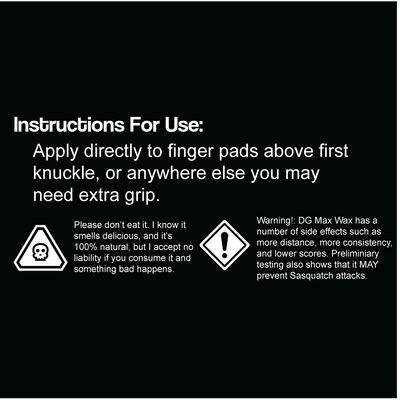 White text instructions for dg max wax on a black background, with warning symbols.
