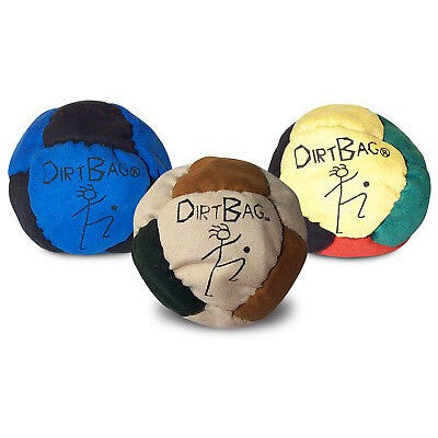 Three World Footbag Dirtbag Classic footbags in blue, tan, and yellow with suede-like patches and printed logos.