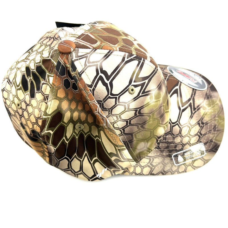 Yupoong Axiom Flex Fit hat with a brown, green, and beige Kryptek camouflage pattern and button top.