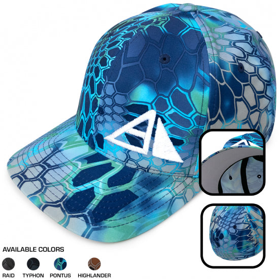 Blue and green Yupoong Axiom Flexfit hat with a Kryptek camouflage pattern and a white embroidered logo.