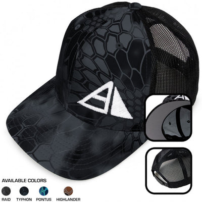 Black Yupoong Axiom Flex Fit hat featuring a Kryptek Typhon camo pattern, a white logo, and black mesh.