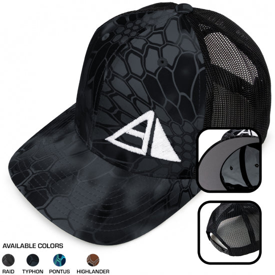 Black Yupoong Axiom Flex Fit hat featuring a Kryptek Typhon camo pattern, a white logo, and black mesh.