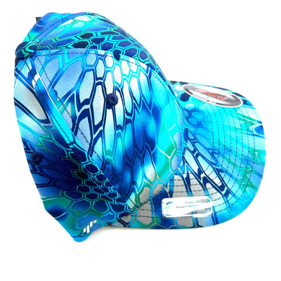 Blue Yupoong Axiom Flexfit hat featuring a Pyramid Kryptek camouflage pattern across the entire cap and brim.