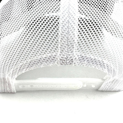Back view of a Yupoong Axiom snapback trucker hat with a white mesh body and an adjustable snap closure.