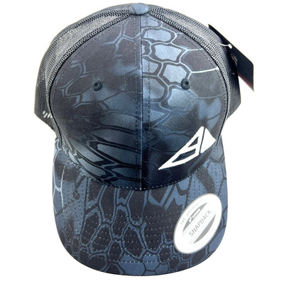Yupoong Axiom snapback trucker hat in black Kryptek camo with a white Axiom logo and black mesh.