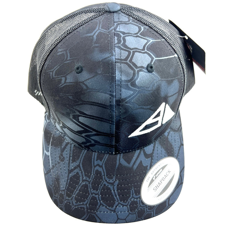 Yupoong Axiom snapback trucker hat in black Kryptek camo with a white Axiom logo and black mesh.