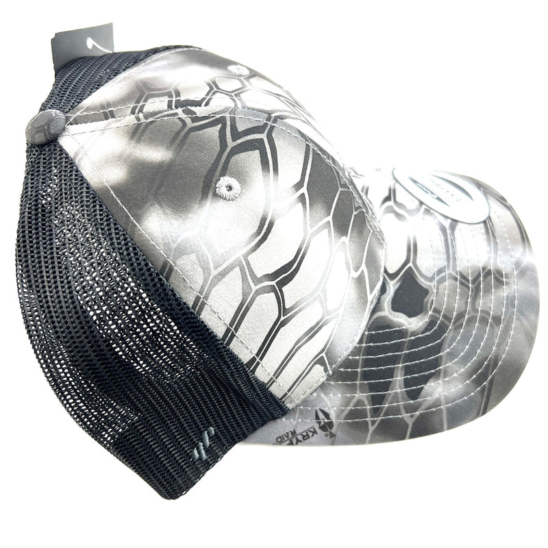 A Yupoong x Axiom snapback trucker hat in Pyramid Kryptek camo pattern with black mesh and bill.