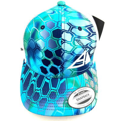 Yupoong Axiom snapback trucker hat in blue and green Kryptek Pontus camouflage with a white A logo.
