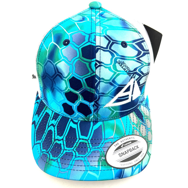 Yupoong Axiom snapback trucker hat in blue and green Kryptek Pontus camouflage with a white A logo.