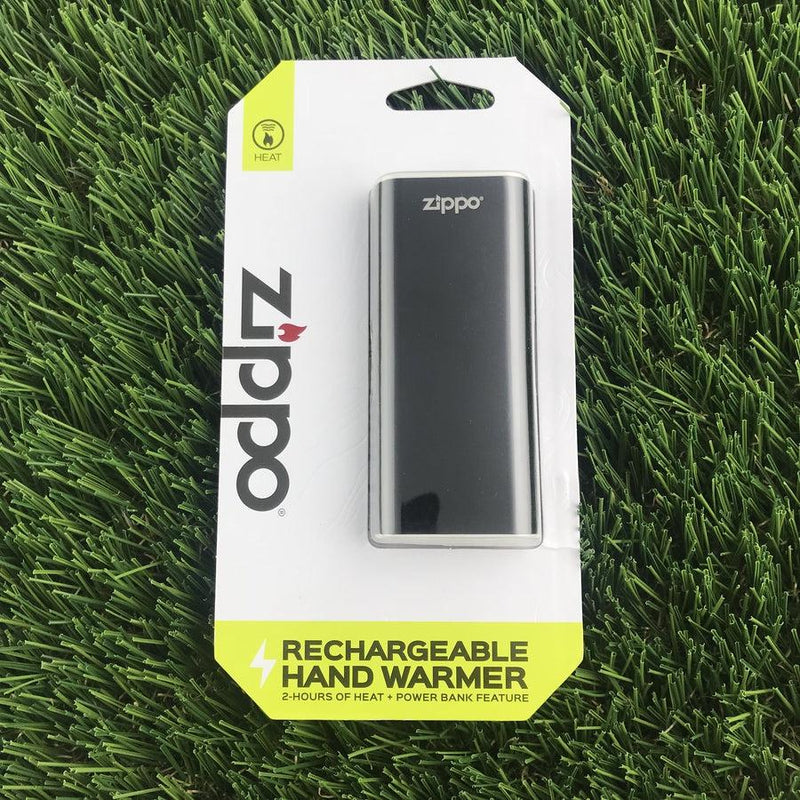 Black Zippo 2-Hour Rechargeable Hand Warmer 5V on a white and bright green retail package with text.