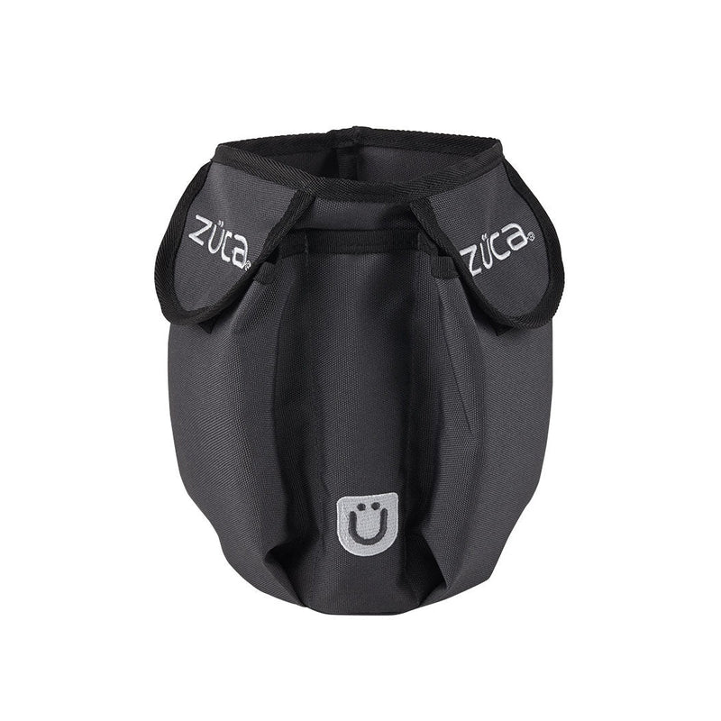Black ZUCA accessory pouch with the ZUCA logo embroidered in white multiple times and a white "u" emoji.