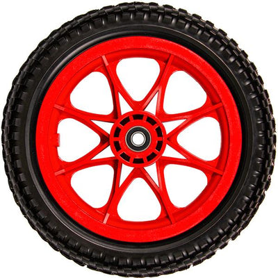 Zuca all terrain tubeless foam wheel with a vibrant red plastic spokes and black treaded tire.