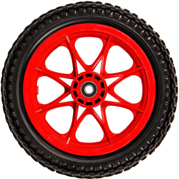 Zuca all terrain tubeless foam wheel with a vibrant red plastic spokes and black treaded tire.