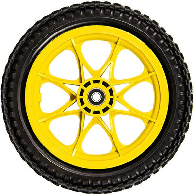 Zuca all terrain tubeless foam wheel with a bright yellow plastic rim and a black rubber tire.