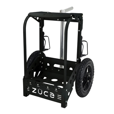 Black Zuca backpack disc golf cart with large wheels, a silver extendable handle, and integrated storage.