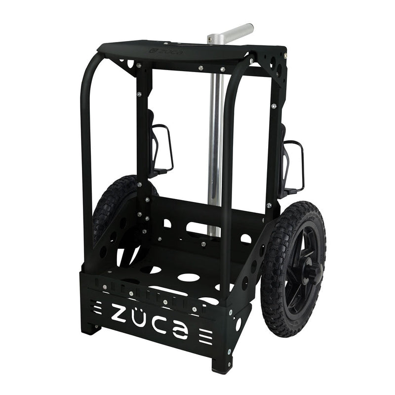 Black Zuca backpack disc golf cart with large wheels, a silver extendable handle, and integrated storage.