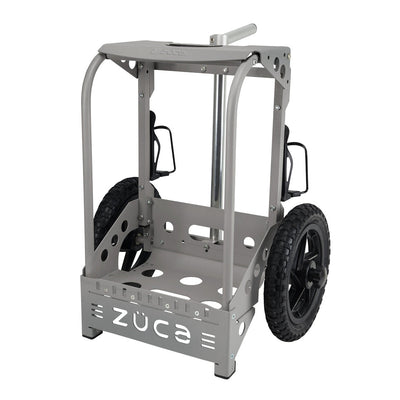 Light gray ZUCA Backpack Disc Golf Cart with black all-terrain wheels, bottle holders, and an adjustable handle.