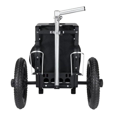 Black Zuca Compact Cart with rugged wheels, a silver handle, and two drink holders attached to the sturdy frame.