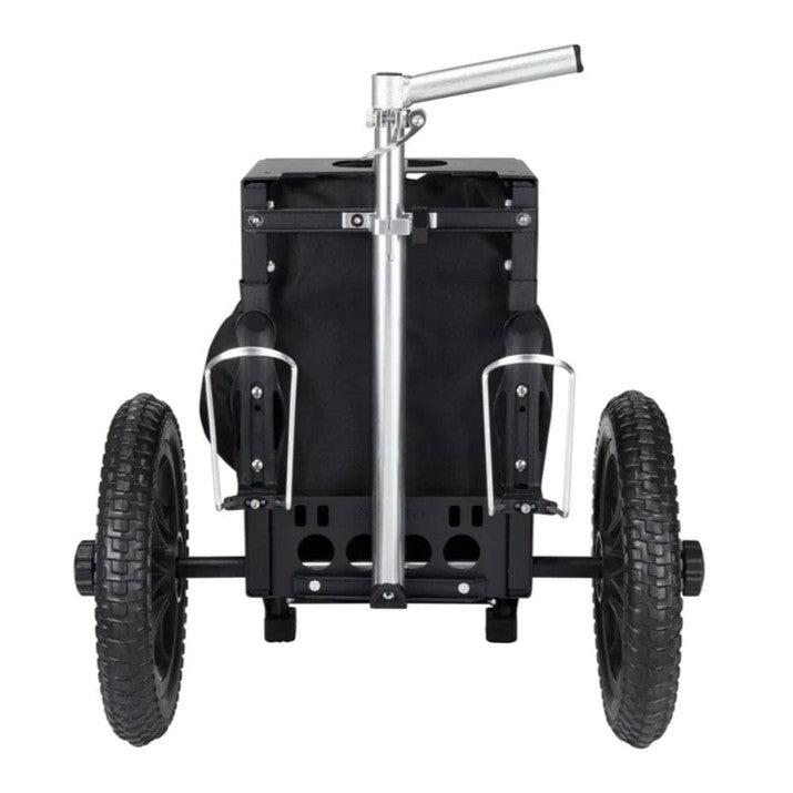 Black Zuca Compact Cart with rugged wheels, a silver handle, and two drink holders attached to the sturdy frame.