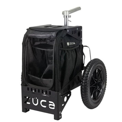 Black ZUCA Compact Cart with a sturdy metal frame, a fabric storage compartment, and one rugged wheel visible.