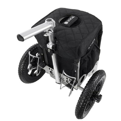Black Zuca compact seat cushion cart with a quilted top, silver aluminum frame, and large treaded wheels.