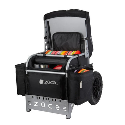 Black ZÜCA Arsenal Disc Golf Cart with a gray aluminum frame, visible discs, and large wheels.