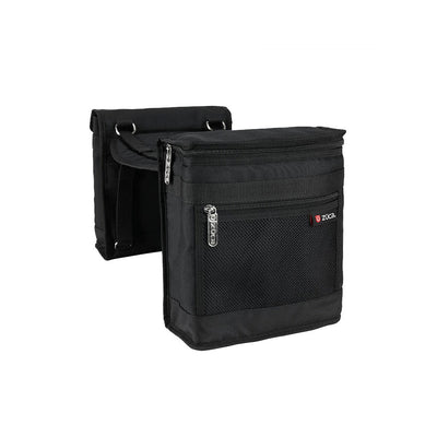 Black ZUCA Cart Saddle Bag set with a cushion pouch and insulated cooler featuring mesh and zippered pockets.