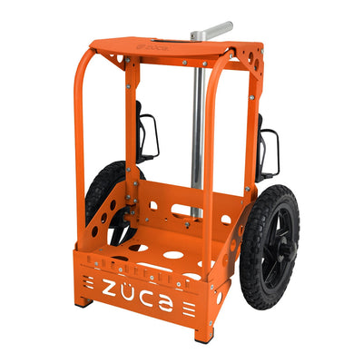 Bright orange ZUCA backpack disc golf cart with black plastic wheels, a telescoping chrome handle, and bottle holders.