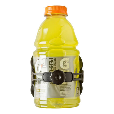 Black ZUCA Cart Looney Bin water bottle holder with a single adjustment knob, securely gripping a yellow Gatorade bottle.