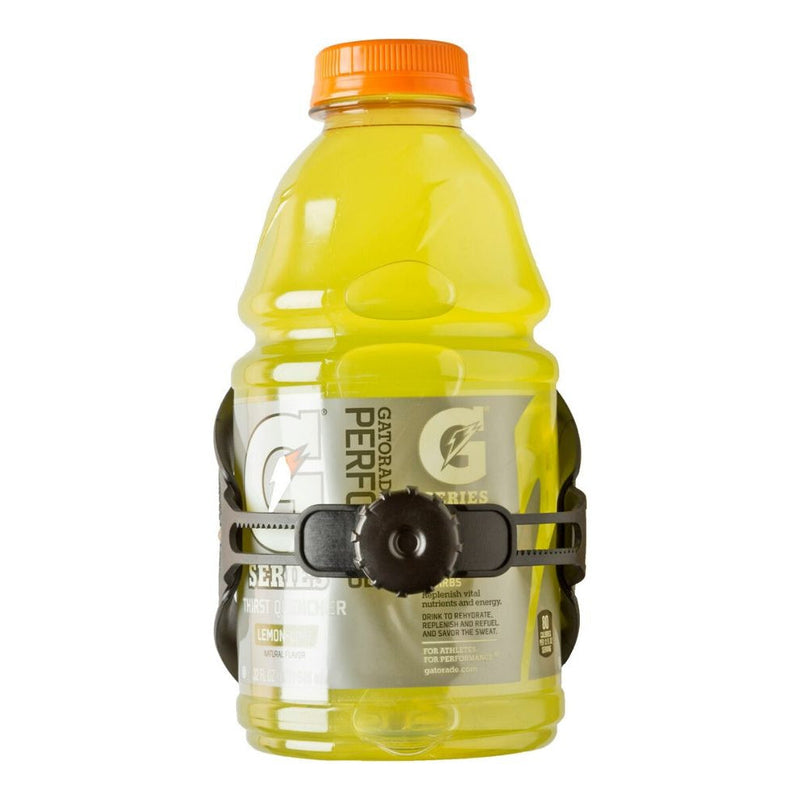 Black ZUCA Cart Looney Bin water bottle holder with a single adjustment knob, securely gripping a yellow Gatorade bottle.