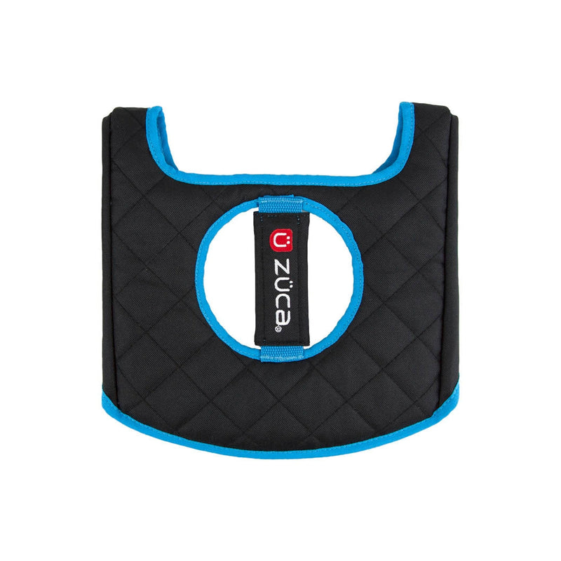 Black quilted ZÜCA reversible seat cushion with a bright blue trim and center cutout.