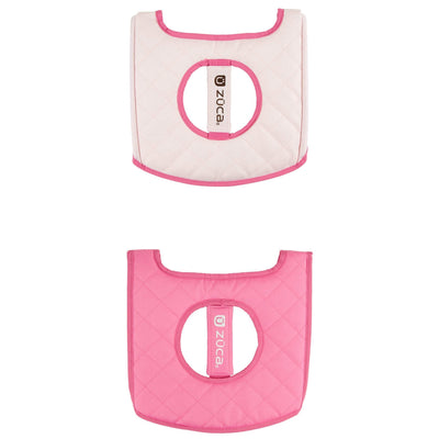 Quilted ZUCA cart reversible seat cushion in hot pink and off-white with contrasting pink piping around the edges.