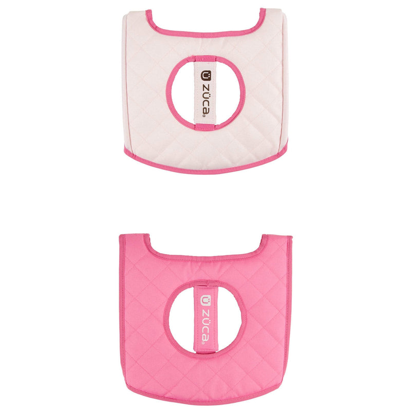 Quilted ZUCA cart reversible seat cushion in hot pink and off-white with contrasting pink piping around the edges.