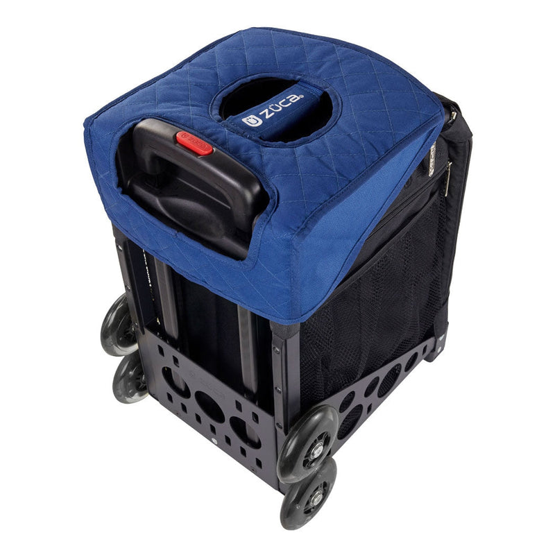 Navy blue Zuca cart reversible seat cushion with quilted stitching and the Zuca logo on the handle.