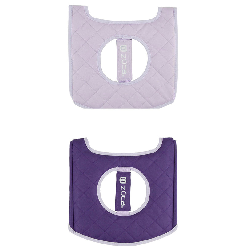 Two Zuca cart reversible seat cushions with quilted fabric in light lavender and dark purple.