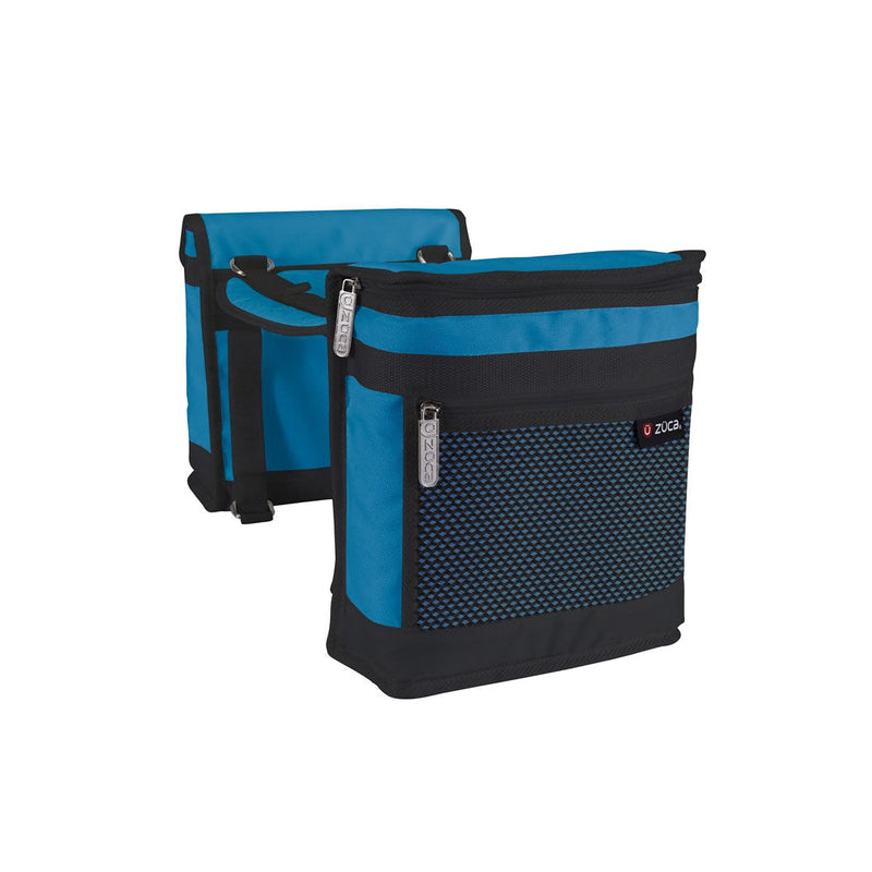 Zuca cart saddle bag set in blue and black with mesh pockets and Zuca branded zippers and labels.