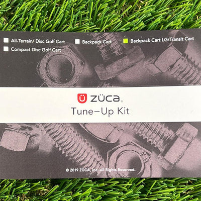 White Zuca Tune-Up Kit packaging with a gray background featuring bolts and nuts, and cart type checkboxes.